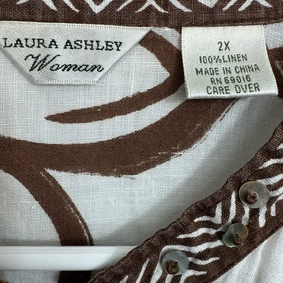 Laura Ashley Size 2X White Brown 3/4 Sleeve 100% Linen Beaded Tunic Blouse - Picture 3 of 7